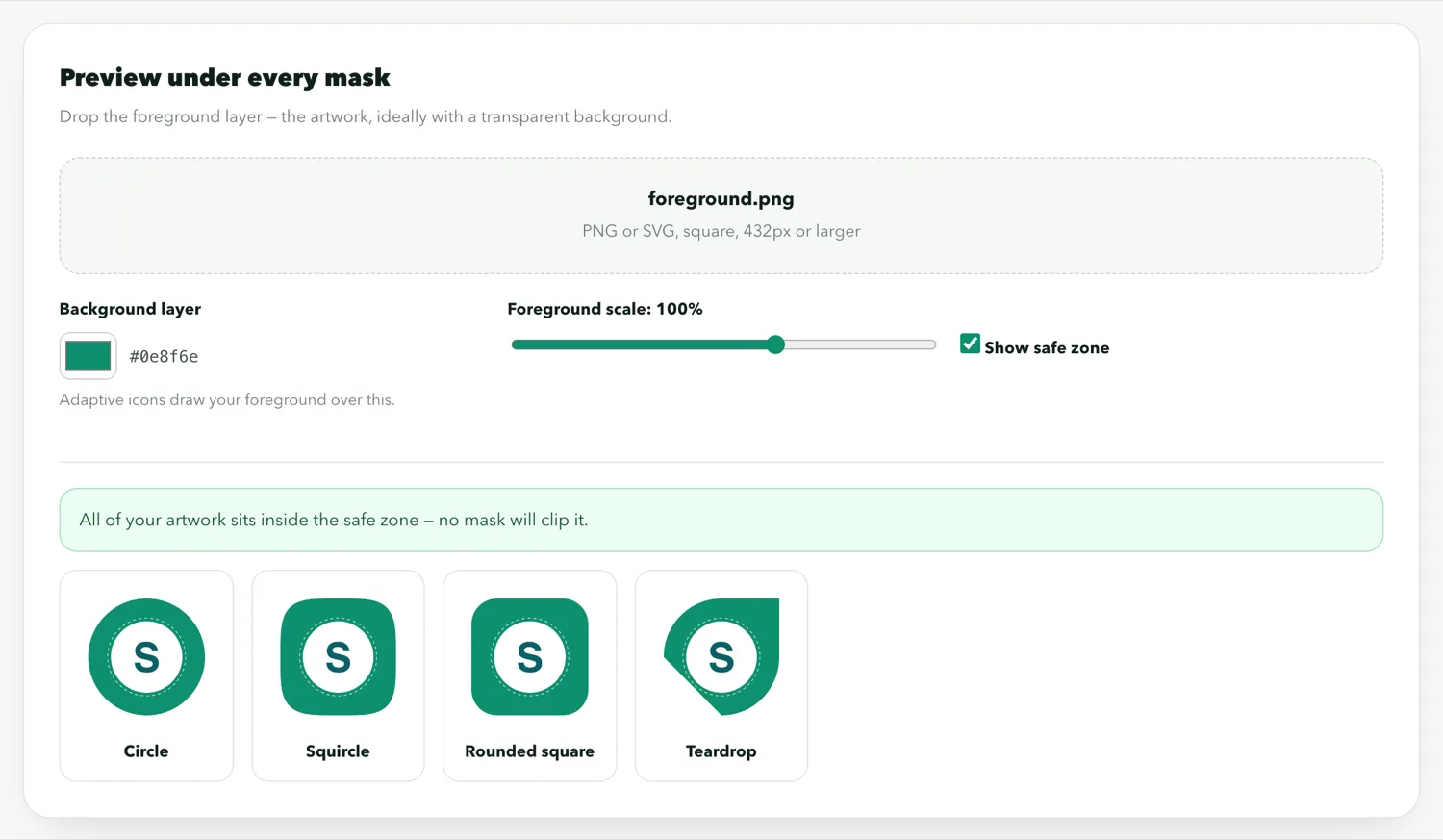 The adaptive icon previewer showing one icon under circle, squircle, rounded square and teardrop masks