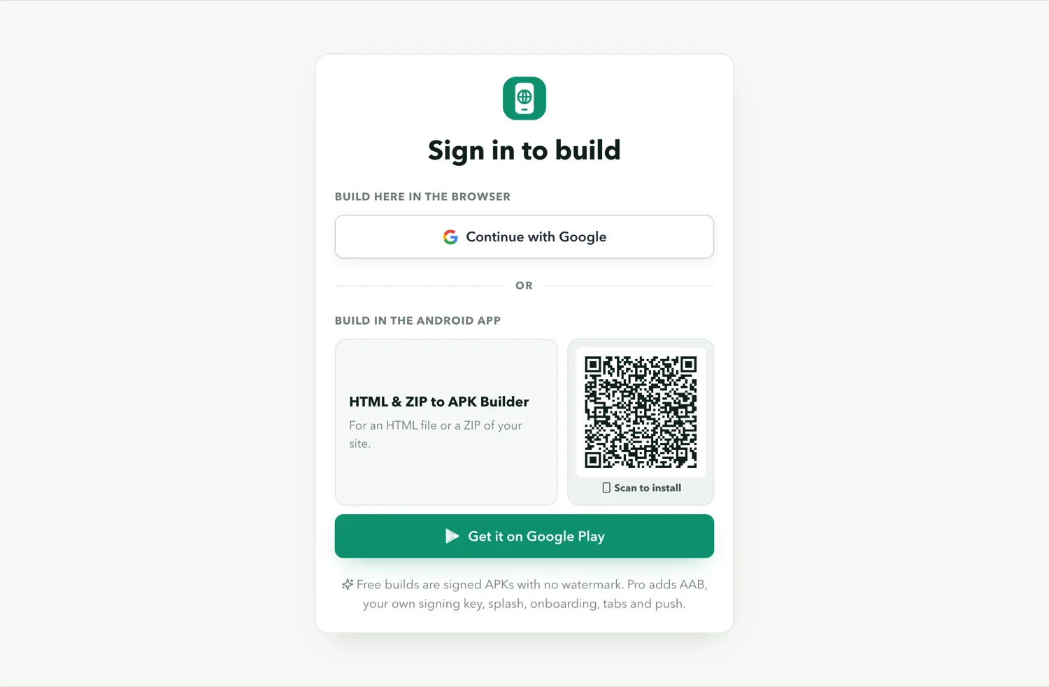 The builder sign-in screen with the Continue with Google button