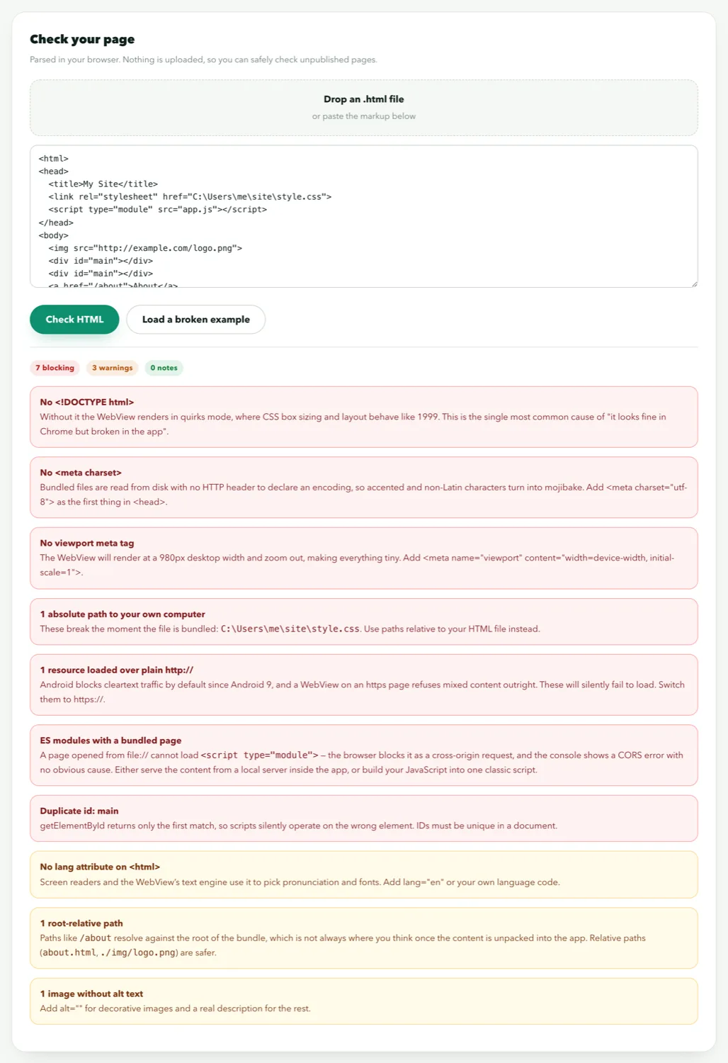 The HTML validator reporting a module script, an absolute path and a missing viewport tag on an uploaded file
