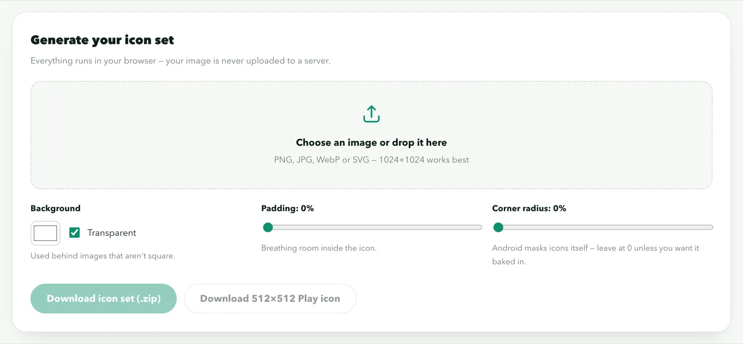 The APK icon generator with a logo dropped in and the generated launcher sizes shown below