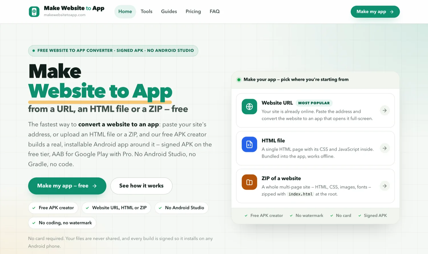 The Make Website to App home page with the three ways in: website URL, HTML file and ZIP