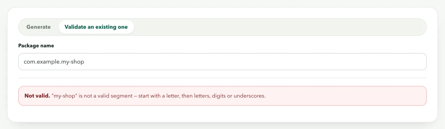 The package name generator flagging a name with a hyphen and a segment starting with a digit