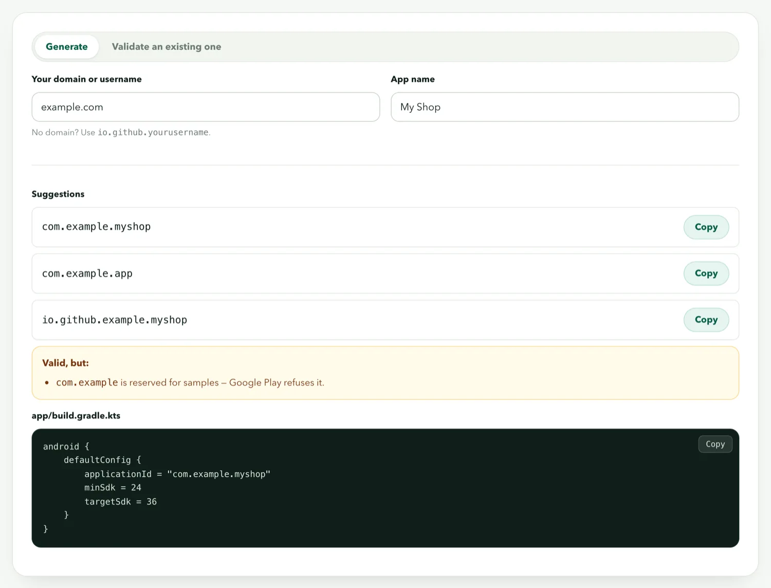 The package name generator turning example.com and My Shop into com.example.myshop