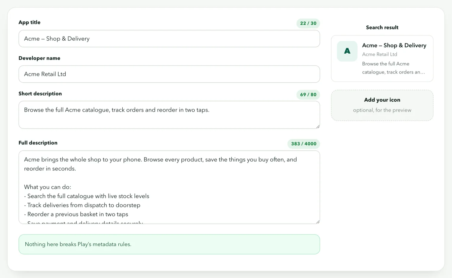The Play listing preview showing the icon, title, short description and screenshots as they appear in the store