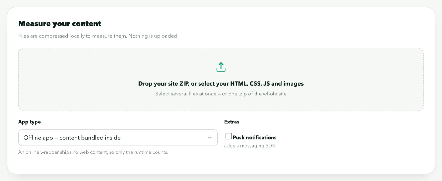 The APK size calculator estimating the APK size and the smaller Play download size for a set of files