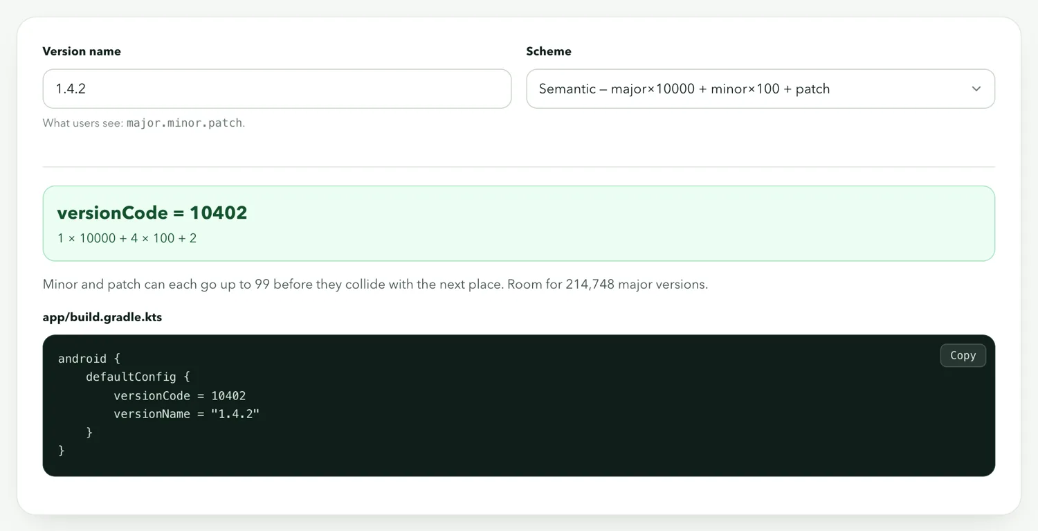 The version code generator converting version name 1.4.2 into version code 10402