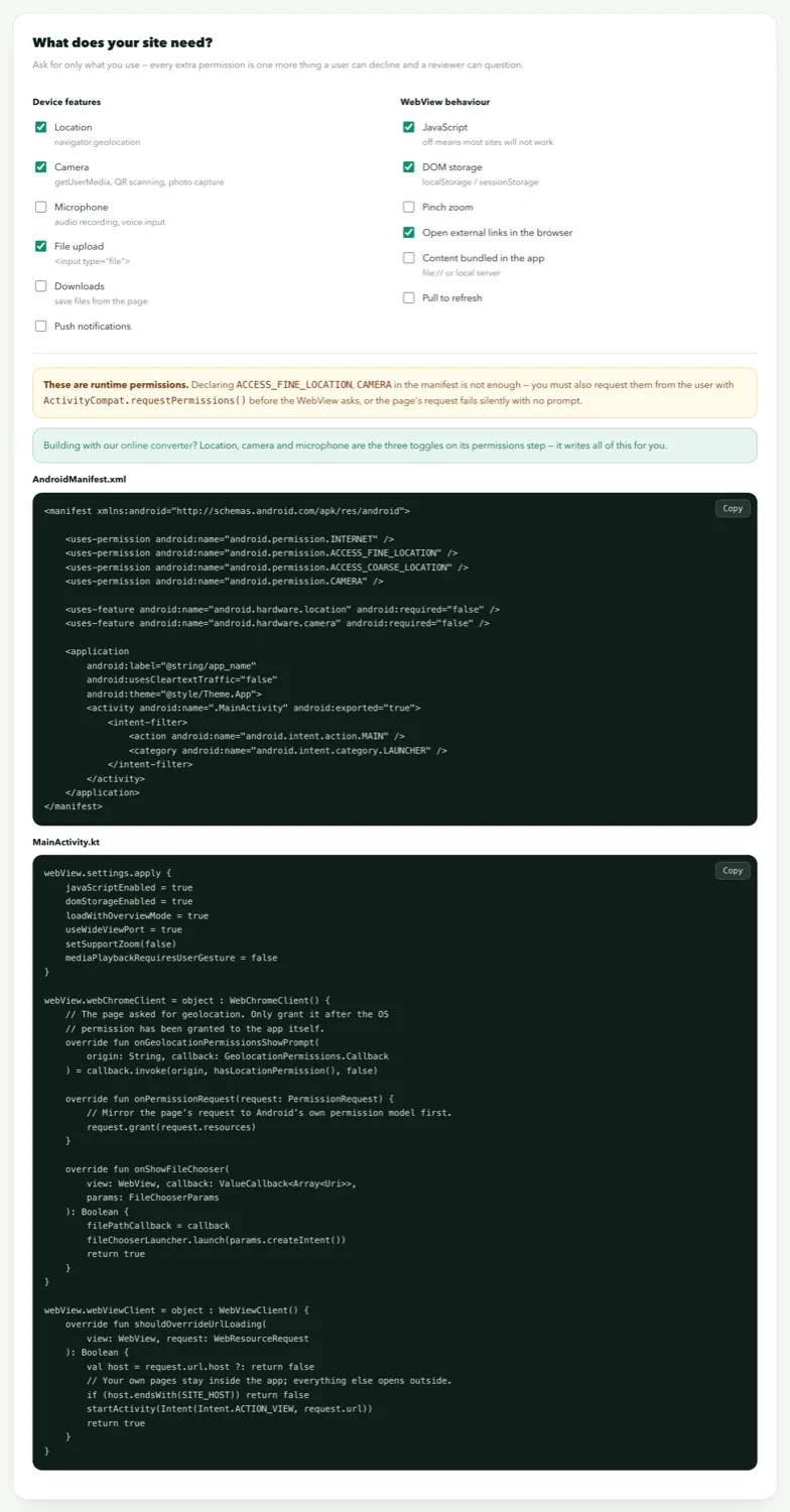 The WebView config generator with JavaScript, DOM storage, zoom and permission toggles